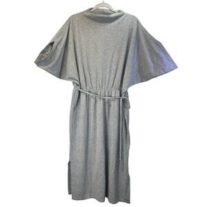 Prologue L Gray Batwing Mock Neck Long Side Slits Tie Waist Office Wear
